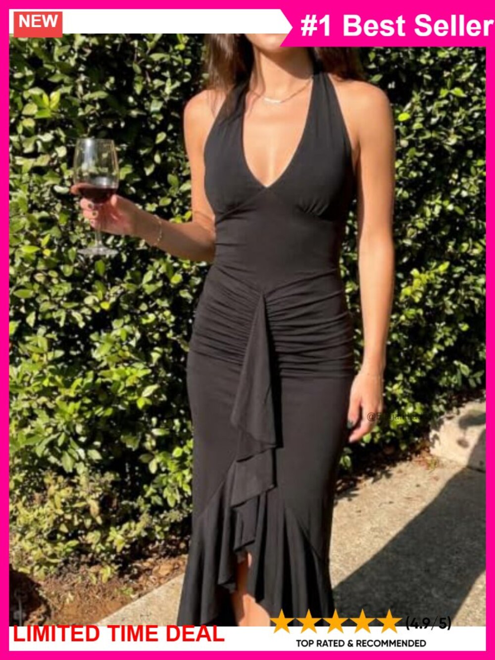 Halter Maxi Dress Ruched Bodycon Ruffle Backless Formal Cocktail - Picture 2 of 6